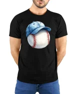 Baseball Cap Ball T-Shirt Classic Baseball Fan Graphic Tee - model wearing black tee with hands behind back