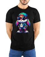 Cool Street Bunny T-Shirt Hip Hop Rabbit Graphic Tee - model wearing black tee with hands behind back