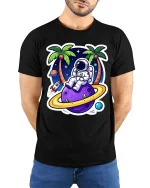 Astronaut Beach T-Shirt Space Vacation Galaxy Graphic Tee - model wearing black tee with hands behind back