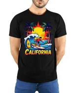 California Surfing T-Shirt Sunset Beach Surfer Graphic Tee - model wearing black tee with hands behind back