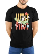 Little Pilot Bunny T-Shirt Cute Rabbit Airplane Graphic Tee - model wearing black tee with hands behind back