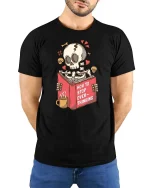 Funny Overthinking Skeleton T-Shirt Dark Humor Graphic Tee - model wearing black tee with hands behind back