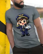 Cute Pilot Cartoon T-Shirt Airplane Captain Graphic Tee Gift - model wearing grey tee, leaning on column