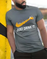 Just Drink It Beer T-Shirt Funny Beer Lover Graphic Tee - model wearing grey tee, leaning on column