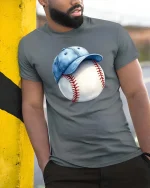 Baseball Cap Ball T-Shirt Classic Baseball Fan Graphic Tee - model wearing grey tee, leaning on column