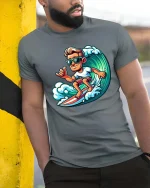 Cool Surfer T-Shirt Wave Riding Surfing Graphic Tee - model wearing grey tee, leaning on column