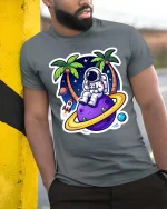 Astronaut Beach T-Shirt Space Vacation Galaxy Graphic Tee - model wearing grey tee, leaning on column