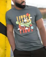 Little Pilot Bunny T-Shirt Cute Rabbit Airplane Graphic Tee - model wearing grey tee, leaning on column