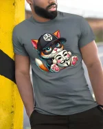 Cute Hacker Cat T-Shirt Funny Anonymous Mask Graphic Tee - model wearing grey tee, leaning on column