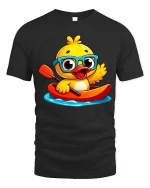 Cute Duck Kayaking T-Shirt Funny Cartoon Animal Tee Soft - black t-shirt on white background