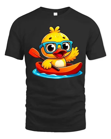 Cute Duck Kayaking T-Shirt Funny Cartoon Animal Tee Soft - black t-shirt on white background