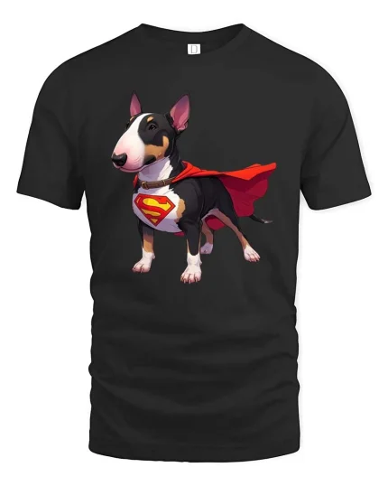 Bull Terrier Superhero Dog T-Shirt Funny Pet Hero Tee - black t-shirt on white background