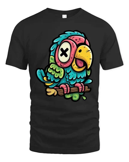 Funny Cartoon Parrot T-Shirt Colorful Cute Bird Tee - black t-shirt on white background