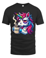 Funny Unicorn Coffee T-Shirt Sleepy Rainbow Pony Tee - black t-shirt on white background