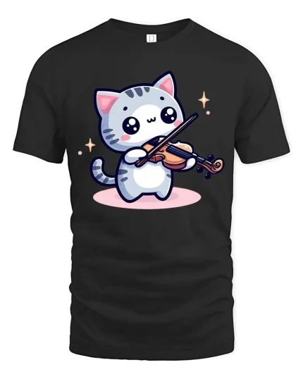 Cute Cat Playing Violin T-Shirt Funny Music Animal Tee - black t-shirt on white background