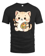 Cute Cat Artist T-Shirt Kawaii Painter Kitty Art Tee - black t-shirt on white background