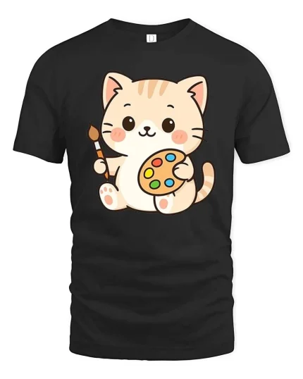 Cute Cat Artist T-Shirt Kawaii Painter Kitty Art Tee - black t-shirt on white background