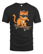 Cool Skateboarding Cat T-Shirt Funny Skater Animal Tee - black t-shirt on white background