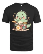 Cute Dinosaur Drummer T-Shirt Funny Music Animal Tee - black t-shirt on white background