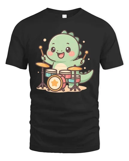 Cute Dinosaur Drummer T-Shirt Funny Music Animal Tee - black t-shirt on white background