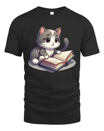Cute Reading Cat T-Shirt Funny Book Lover Animal Tee - black t-shirt on white background