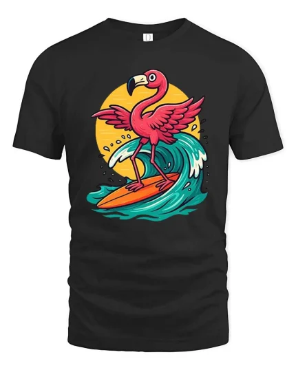 Surfing Flamingo T-Shirt Funny Beach Summer Animal Tee - black t-shirt on white background