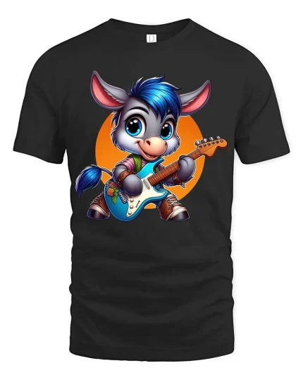 Cute Donkey Guitar T-Shirt Funny Music Animal Tee Fun - black t-shirt on white background