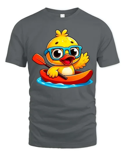 Cute Duck Kayaking T-Shirt Funny Cartoon Animal Tee Soft - gray t-shirt on white background