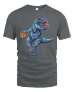 Basketball T Rex Dinosaur T-Shirt Funny Sports Animal Tee - gray t-shirt on white background