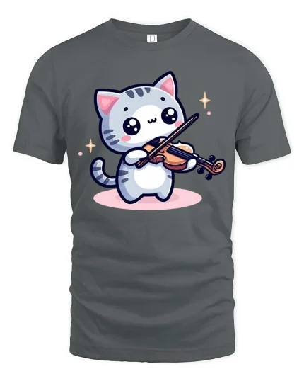 Cute Cat Playing Violin T-Shirt Funny Music Animal Tee - gray t-shirt on white background