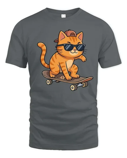 Cool Skateboarding Cat T-Shirt Funny Skater Animal Tee - gray t-shirt on white background