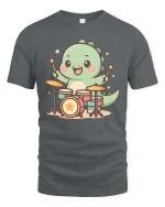Cute Dinosaur Drummer T-Shirt Funny Music Animal Tee - gray t-shirt on white background