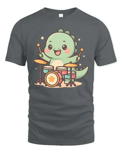 Cute Dinosaur Drummer T-Shirt Funny Music Animal Tee - gray t-shirt on white background
