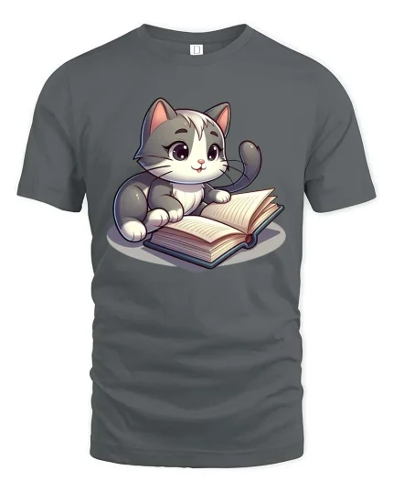 Cute Reading Cat T-Shirt Funny Book Lover Animal Tee - gray t-shirt on white background
