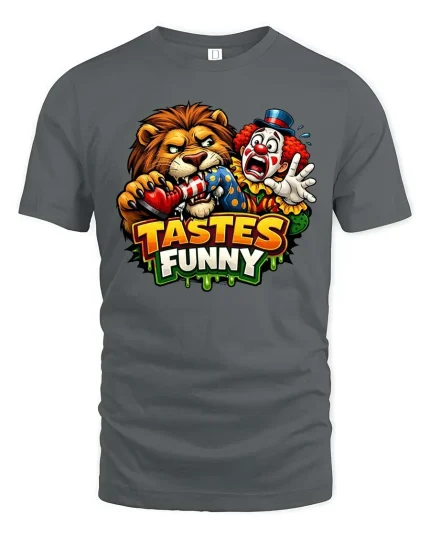 Tastes Funny Lion Clown T-Shirt Graphic Humor Tee Fun - gray t-shirt on white background