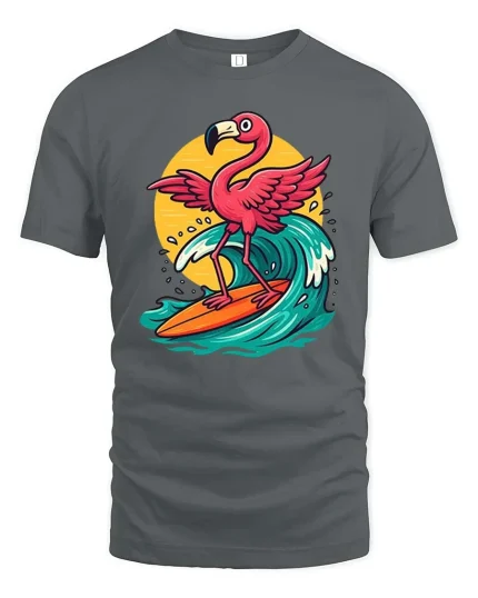 Surfing Flamingo T-Shirt Funny Beach Summer Animal Tee - gray t-shirt on white background