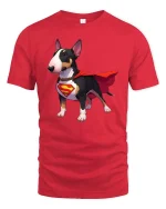 Bull Terrier Superhero Dog T-Shirt Funny Pet Hero Tee - red t-shirt on white background