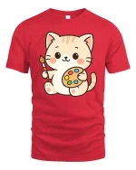 Cute Cat Artist T-Shirt Kawaii Painter Kitty Art Tee - red t-shirt on white background