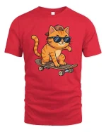 Cool Skateboarding Cat T-Shirt Funny Skater Animal Tee - red t-shirt on white background
