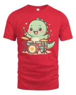Cute Dinosaur Drummer T-Shirt Funny Music Animal Tee - red t-shirt on white background