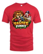 Tastes Funny Lion Clown T-Shirt Graphic Humor Tee Fun - red t-shirt on white background