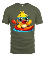 Cute Duck Kayaking T-Shirt Funny Cartoon Animal Tee Soft - military green t-shirt on white background