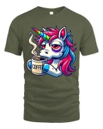 Funny Unicorn Coffee T-Shirt Sleepy Rainbow Pony Tee - military green t-shirt on white background