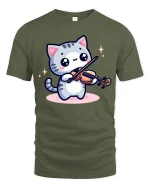 Cute Cat Playing Violin T-Shirt Funny Music Animal Tee - military green t-shirt on white background