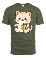 Cute Cat Artist T-Shirt Kawaii Painter Kitty Art Tee - military green t-shirt on white background