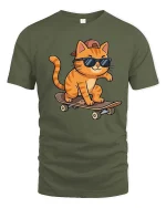 Cool Skateboarding Cat T-Shirt Funny Skater Animal Tee - military green t-shirt on white background