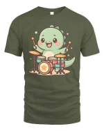 Cute Dinosaur Drummer T-Shirt Funny Music Animal Tee - military green t-shirt on white background