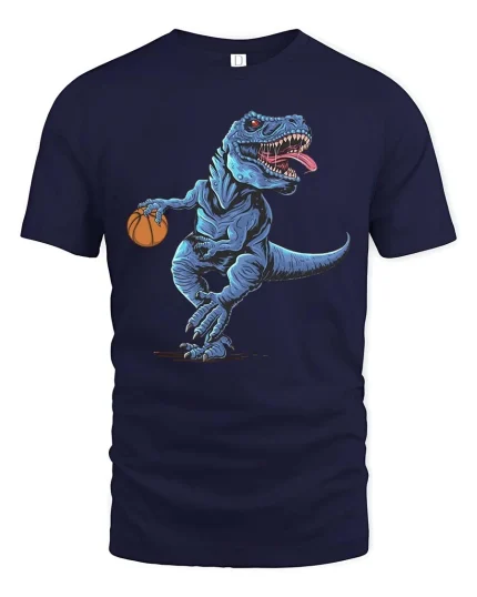 Basketball T Rex Dinosaur T-Shirt Funny Sports Animal Tee - navy t-shirt on white background