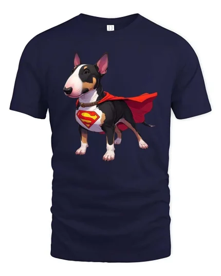 Bull Terrier Superhero Dog T-Shirt Funny Pet Hero Tee - navy t-shirt on white background