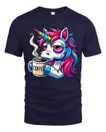 Funny Unicorn Coffee T-Shirt Sleepy Rainbow Pony Tee - navy t-shirt on white background